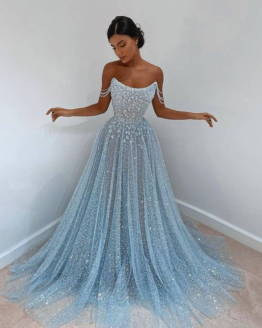 Prom Dress Light Blue Off Shoulder A Line Maxi Dress With Glitter Tulle And Pearl Chain Formal Evening Party Gown