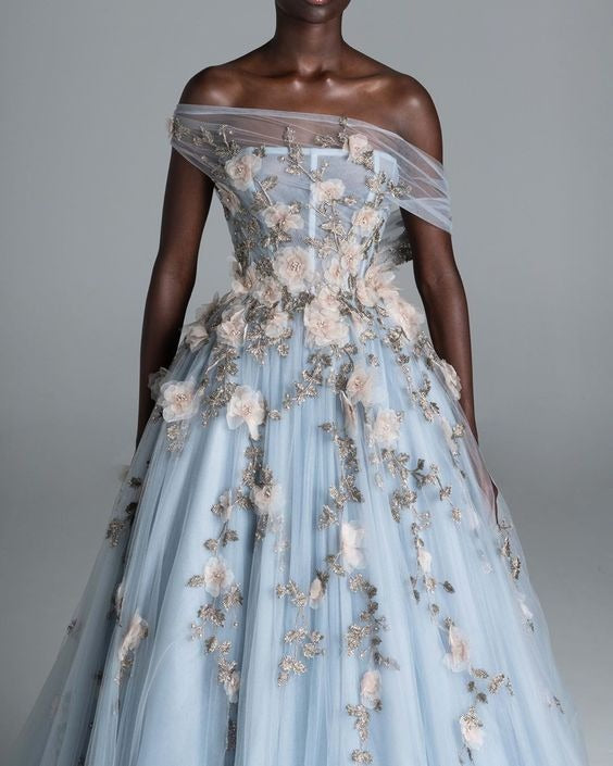 Prom Dress Light Blue Off Shoulder A Line Tulle Maxi Dress With 3D Floral Appliques Formal Evening Party Gown
