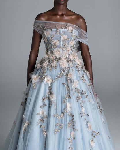 Prom Dress Light Blue Off Shoulder A Line Tulle Maxi Dress With 3D Floral Appliques Formal Evening Party Gown