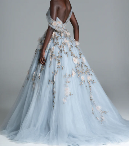 Prom Dress Light Blue Off Shoulder A Line Tulle Maxi Dress With 3D Floral Appliques Formal Evening Party Gown