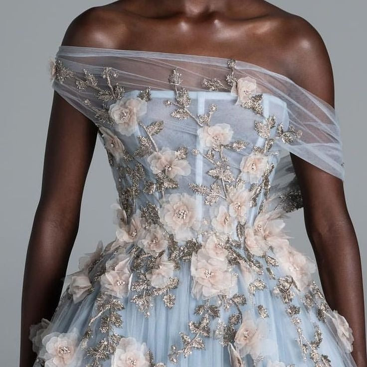 Prom Dress Light Blue Off Shoulder A Line Tulle Maxi Dress With 3D Floral Appliques Formal Evening Party Gown