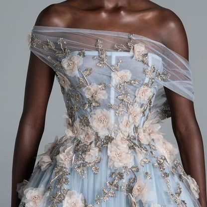 Prom Dress Light Blue Off Shoulder A Line Tulle Maxi Dress With 3D Floral Appliques Formal Evening Party Gown