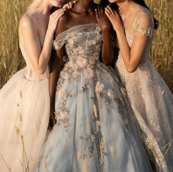 Prom Dress Light Blue Off Shoulder A Line Tulle Maxi Dress With 3D Floral Appliques Formal Evening Party Gown