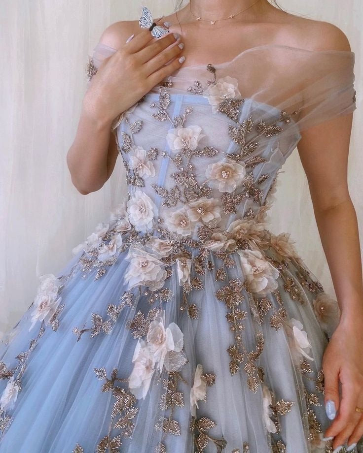 Prom Dress Light Blue Off Shoulder A Line Tulle Maxi Dress With 3D Floral Appliques Formal Evening Party Gown