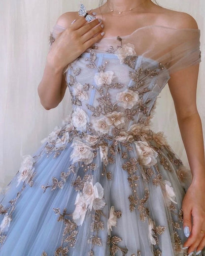 Prom Dress Light Blue Off Shoulder A Line Tulle Maxi Dress With 3D Floral Appliques Formal Evening Party Gown
