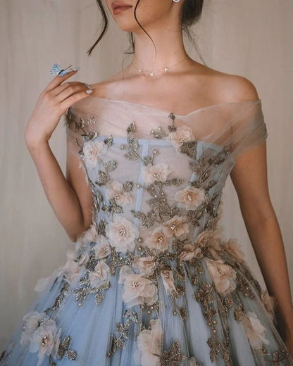Prom Dress Light Blue Off Shoulder A Line Tulle Maxi Dress With 3D Floral Appliques Formal Evening Party Gown