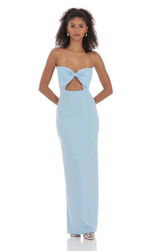 Prom Dress Light Blue Strapless Maxi Dress With Bow Cutout Detail Form Fitting High Back Slit Formal Evening Party Gown