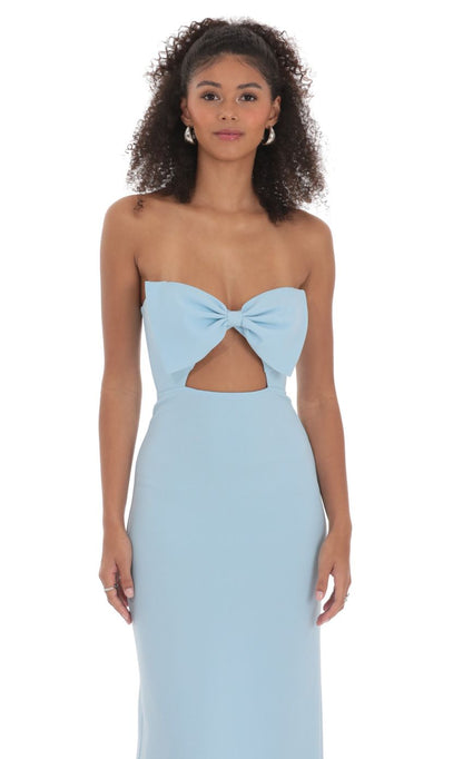 Prom Dress Light Blue Strapless Maxi Dress With Bow Cutout Detail Form Fitting High Back Slit Formal Evening Party Gown