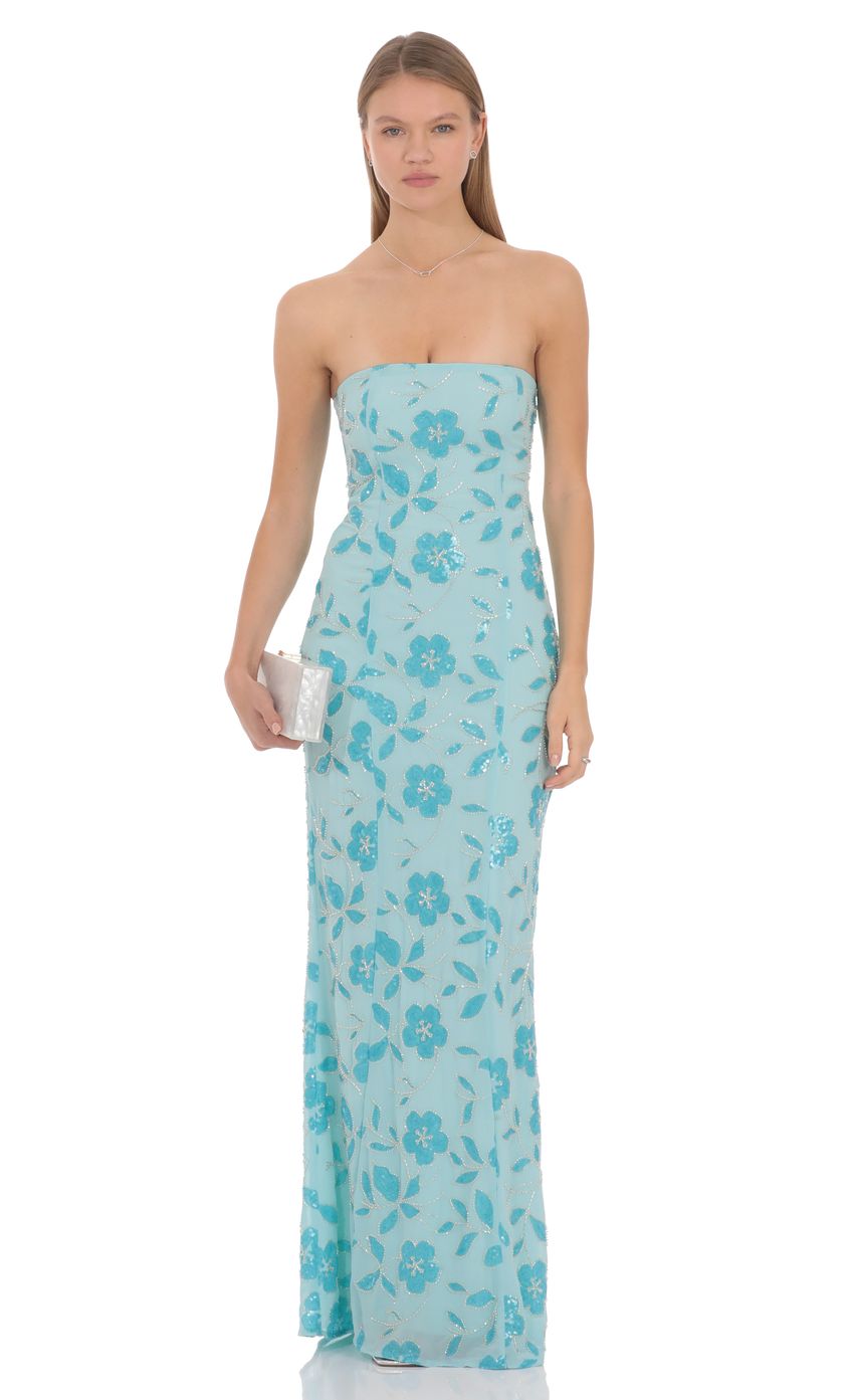 Prom Dress Light Blue Strapless Maxi Dress With Floral Sequin Embroidery Form Fitting Back Zipper Formal Evening Party Gown