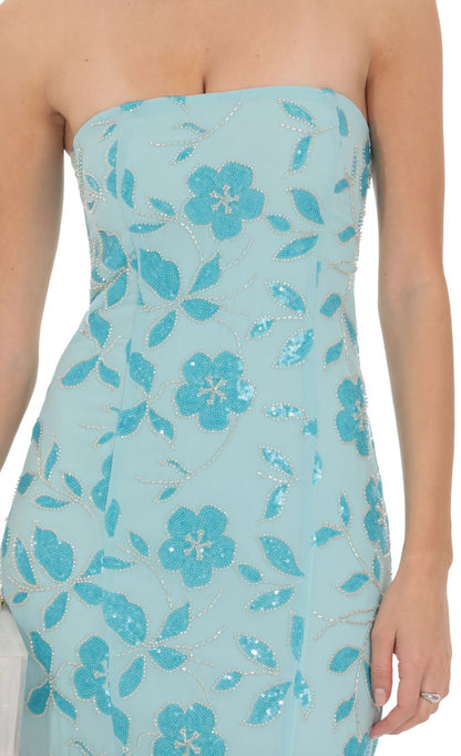 Prom Dress Light Blue Strapless Maxi Dress With Floral Sequin Embroidery Form Fitting Back Zipper Formal Evening Party Gown