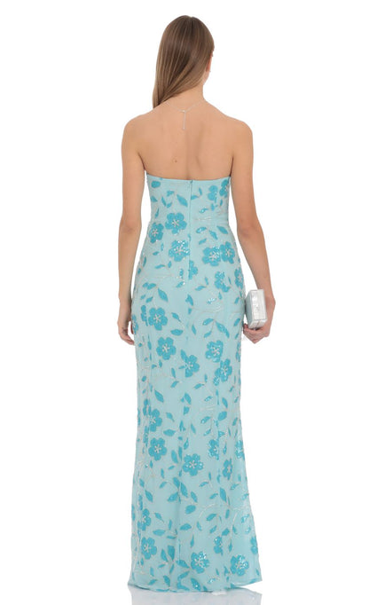 Prom Dress Light Blue Strapless Maxi Dress With Floral Sequin Embroidery Form Fitting Back Zipper Formal Evening Party Gown