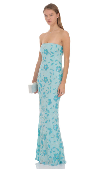 Prom Dress Light Blue Strapless Maxi Dress With Floral Sequin Embroidery Form Fitting Back Zipper Formal Evening Party Gown