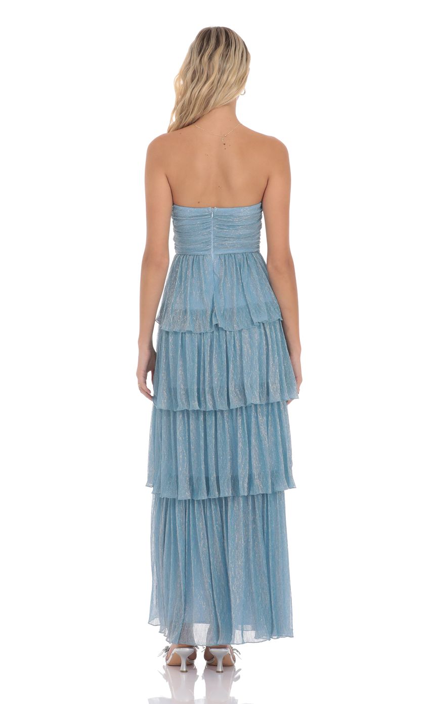 Prom Dress Light Blue Strapless Maxi Dress With Tiered Ruffled Skirt Shimmer Fabric Side Slit Formal Evening Party Gown