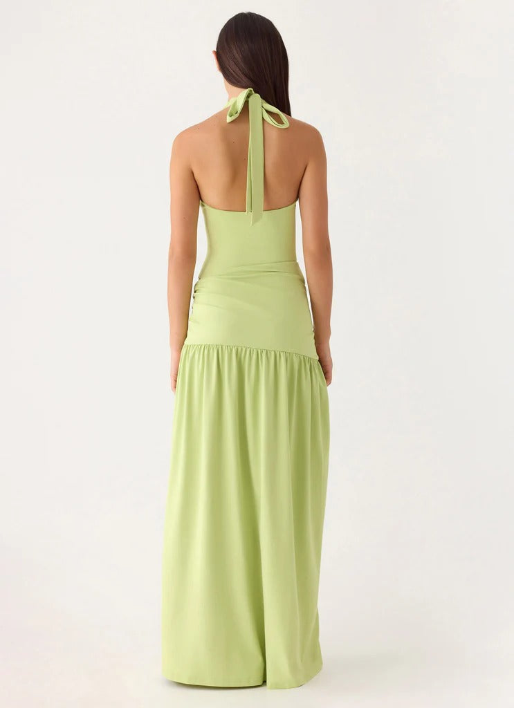 Prom Dress Light Green Halter Neck Maxi Dress With Ruched Waist Tie High Slit Back Bow Detail Formal Evening Party Gown