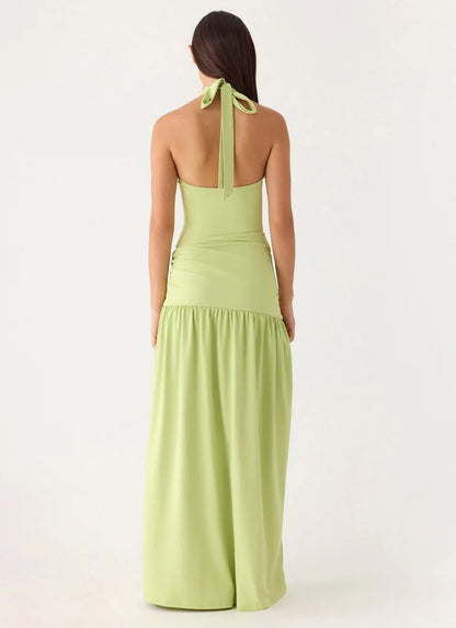 Prom Dress Light Green Halter Neck Maxi Dress With Ruched Waist Tie High Slit Back Bow Detail Formal Evening Party Gown