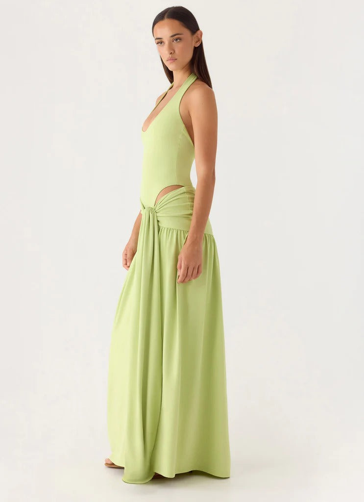 Prom Dress Light Green Halter Neck Maxi Dress With Ruched Waist Tie High Slit Back Bow Detail Formal Evening Party Gown