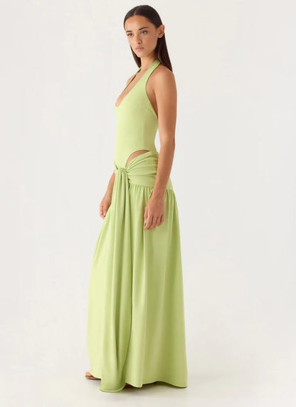 Prom Dress Light Green Halter Neck Maxi Dress With Ruched Waist Tie High Slit Back Bow Detail Formal Evening Party Gown