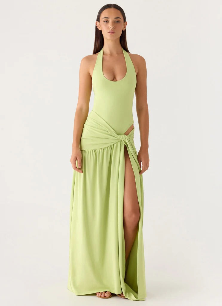 Prom Dress Light Green Halter Neck Maxi Dress With Ruched Waist Tie High Slit Back Bow Detail Formal Evening Party Gown