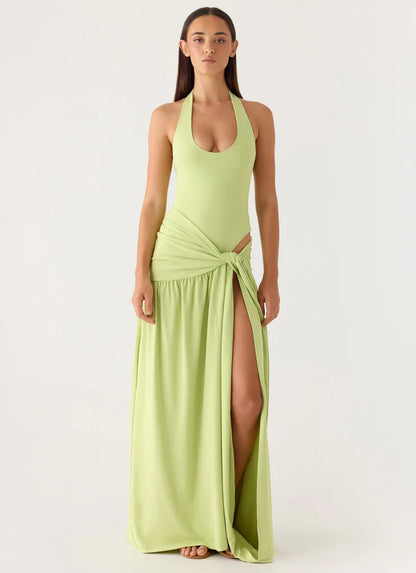 Prom Dress Light Green Halter Neck Maxi Dress With Ruched Waist Tie High Slit Back Bow Detail Formal Evening Party Gown