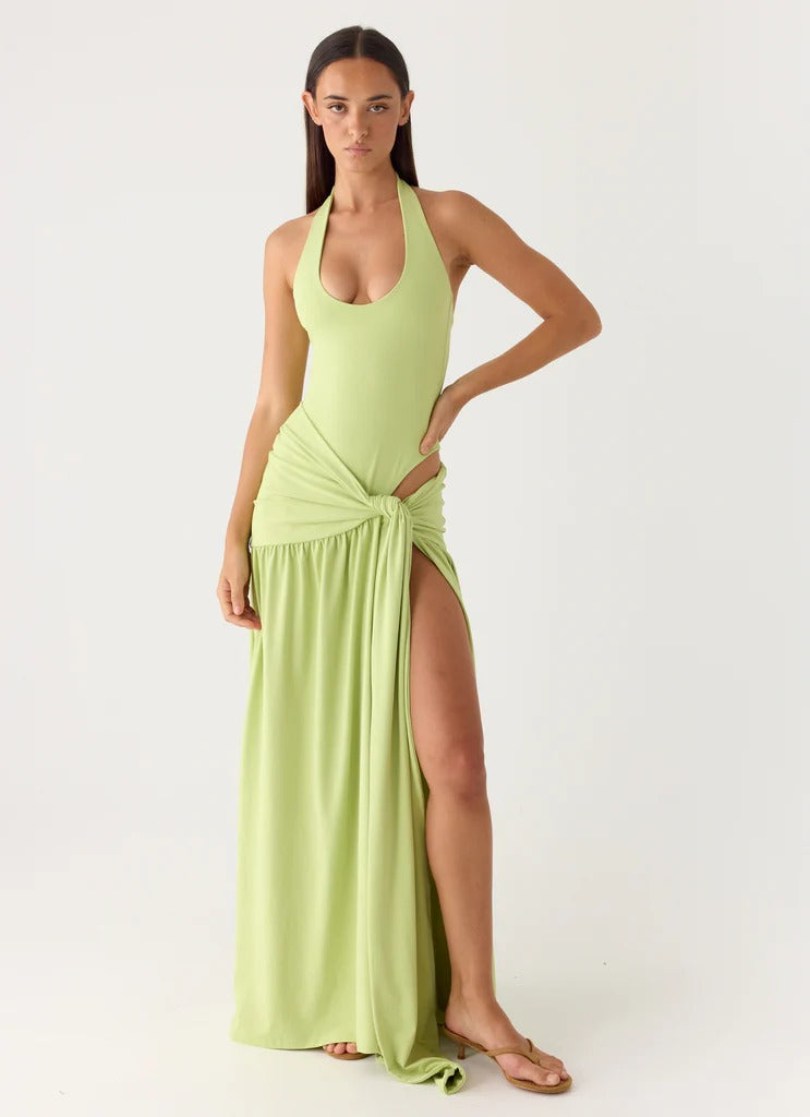 Prom Dress Light Green Halter Neck Maxi Dress With Ruched Waist Tie High Slit Back Bow Detail Formal Evening Party Gown