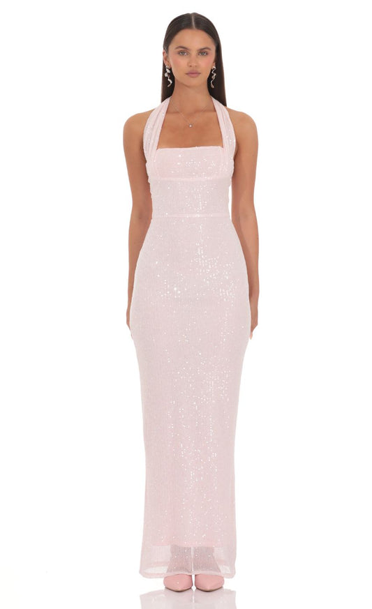 Prom Dress Light Pink Sequin Halter Neck Maxi Dress With Open Back Bow Detail Form Fitting Formal Evening Party Gown