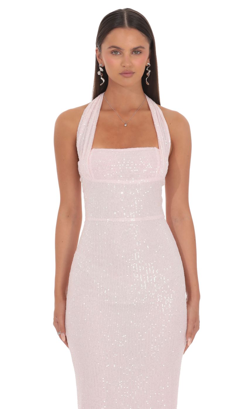 Prom Dress Light Pink Sequin Halter Neck Maxi Dress With Open Back Bow Detail Form Fitting Formal Evening Party Gown