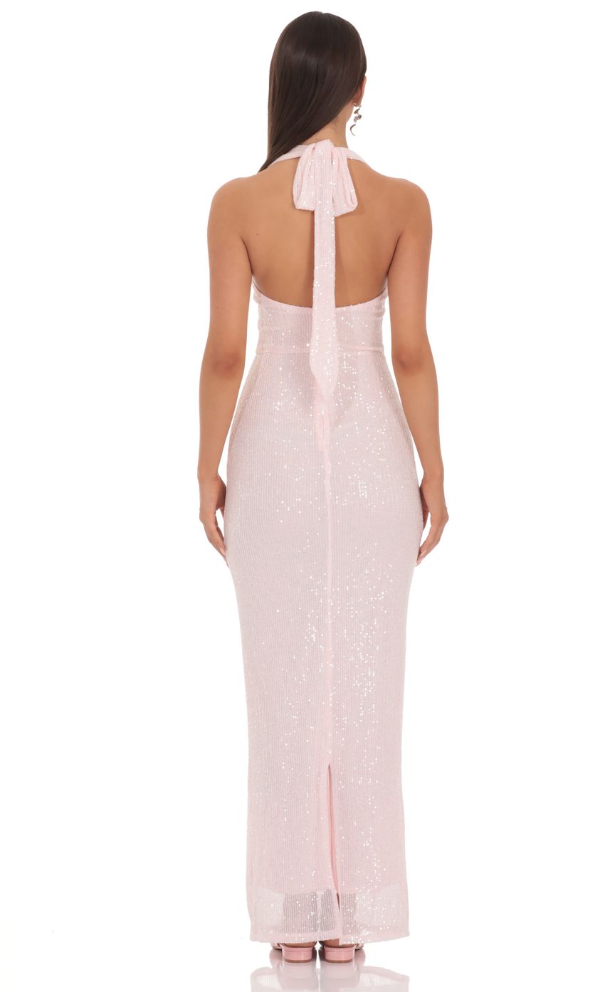 Prom Dress Light Pink Sequin Halter Neck Maxi Dress With Open Back Bow Detail Form Fitting Formal Evening Party Gown
