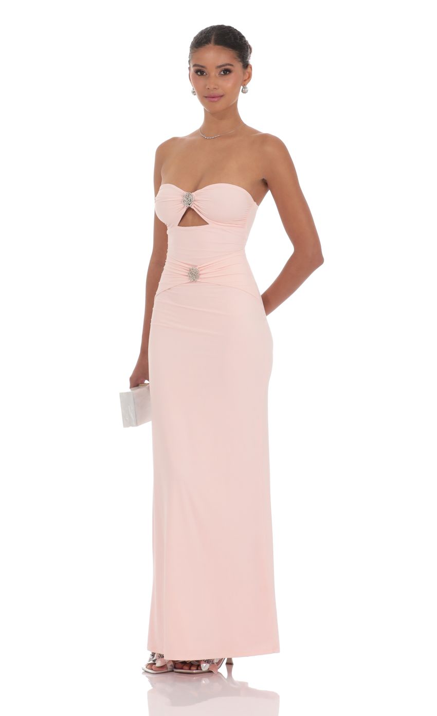 Prom Dress Light Pink Strapless Sweetheart Neckline Maxi Dress With Front Cutout Rhinestone Rose Accents Form Fitting Formal Evening Gown