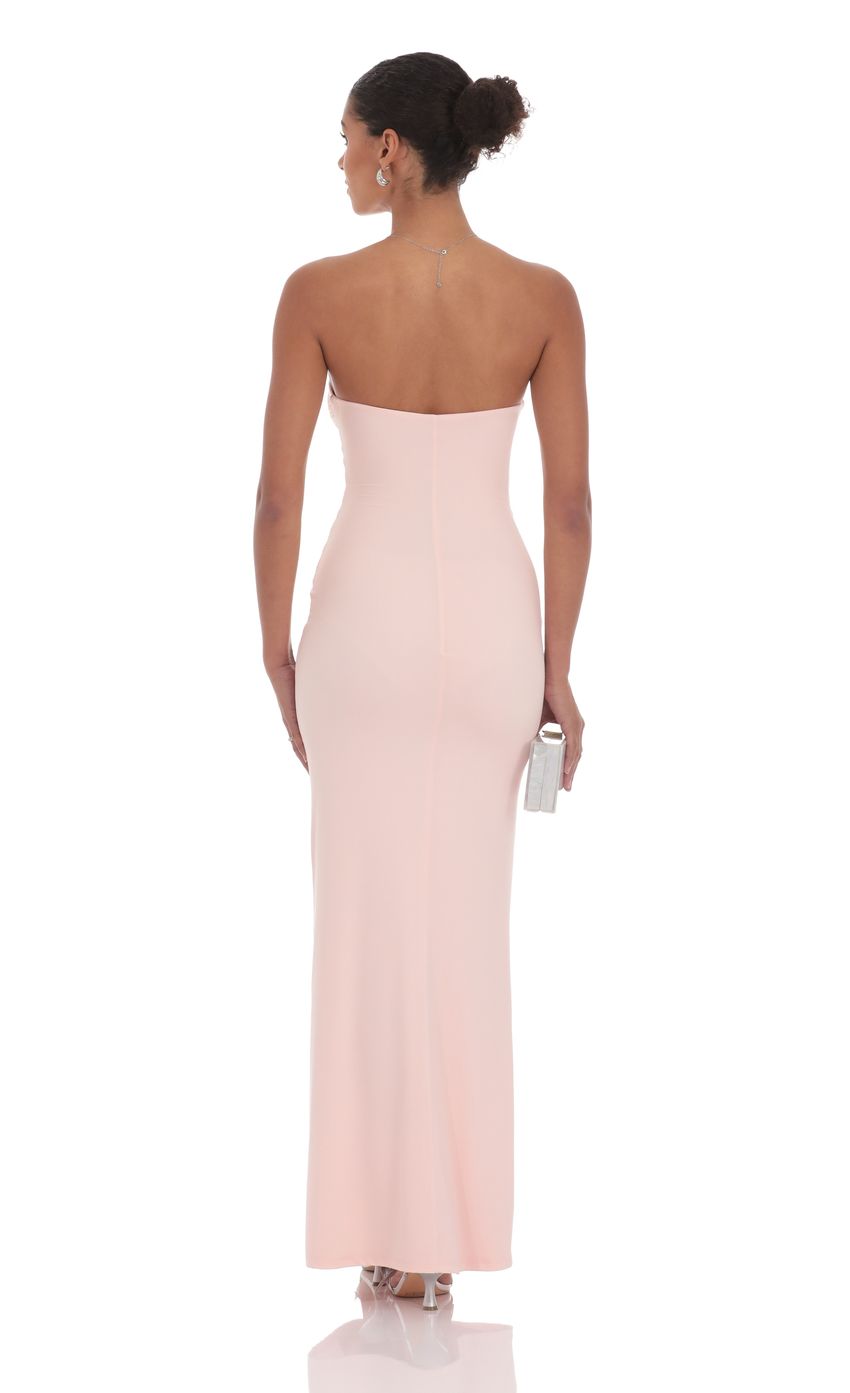 Prom Dress Light Pink Strapless Sweetheart Neckline Maxi Dress With Front Cutout Rhinestone Rose Accents Form Fitting Formal Evening Gown
