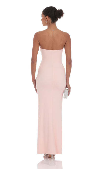 Prom Dress Light Pink Strapless Sweetheart Neckline Maxi Dress With Front Cutout Rhinestone Rose Accents Form Fitting Formal Evening Gown