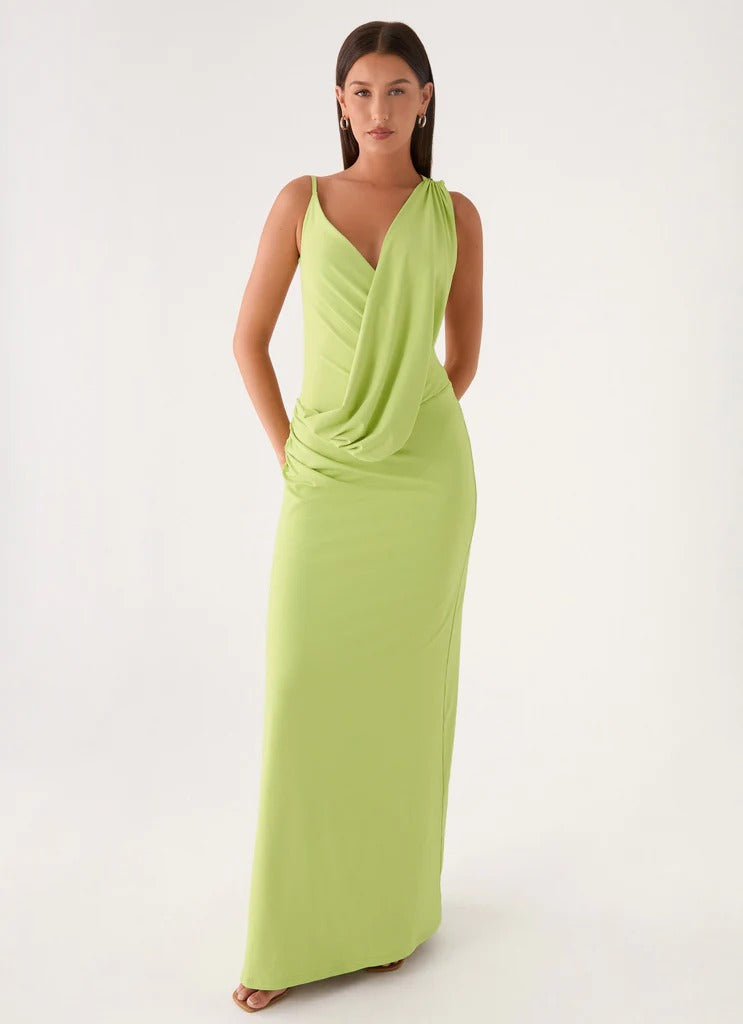 Prom Dress Lime Green One Shoulder Maxi Dress With Draped Front Open Back Ruched Waist Formal Evening Party Gown