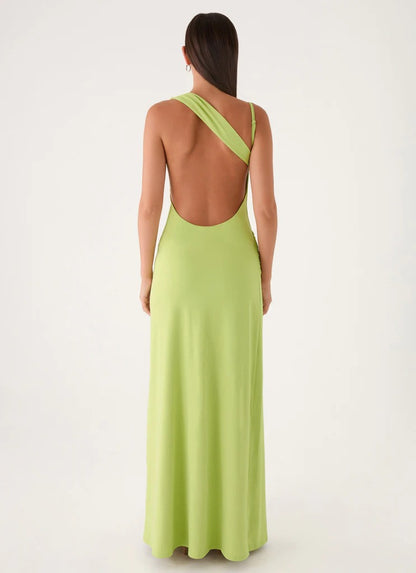 Prom Dress Lime Green One Shoulder Maxi Dress With Draped Front Open Back Ruched Waist Formal Evening Party Gown
