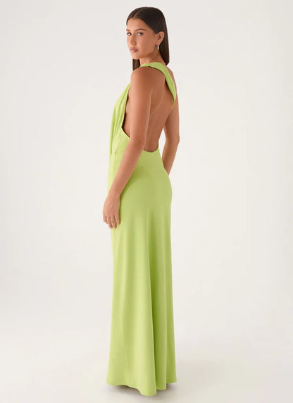 Prom Dress Lime Green One Shoulder Maxi Dress With Draped Front Open Back Ruched Waist Formal Evening Party Gown