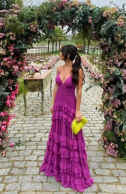 Prom Dress Magenta Spaghetti Strap A Line Maxi Dress With Deep V Neck And Tiered Ruffle Skirt Formal Evening Party Gown