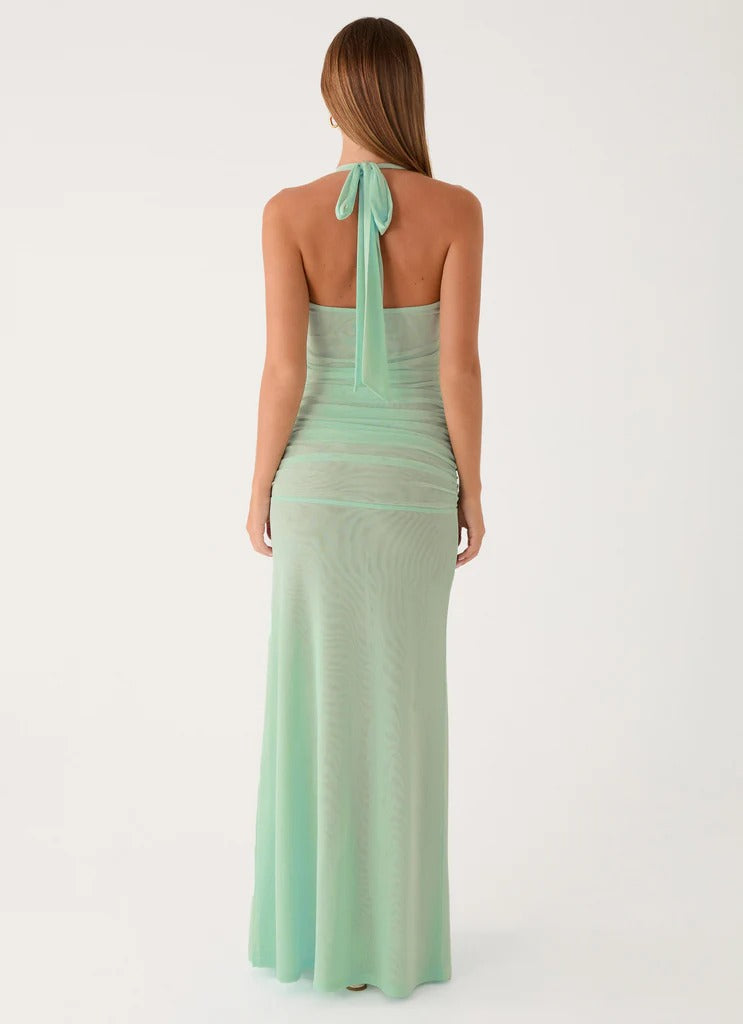 Prom Dress Mint Green Halter Neck Maxi Dress With Ruched Mesh Bodice Open Back Floor Length Formal Evening Party Gown
