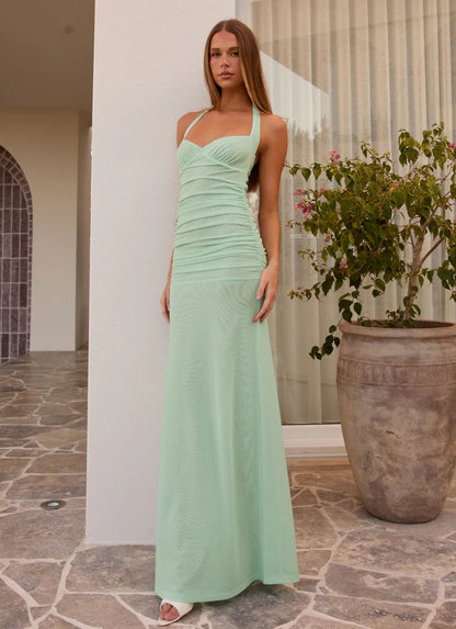 Prom Dress Mint Green Halter Neck Maxi Dress With Ruched Mesh Bodice Open Back Floor Length Formal Evening Party Gown