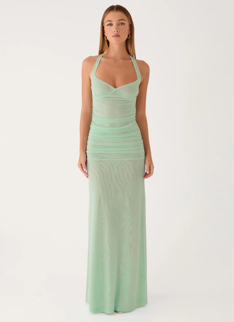 Prom Dress Mint Green Halter Neck Maxi Dress With Ruched Mesh Bodice Open Back Floor Length Formal Evening Party Gown