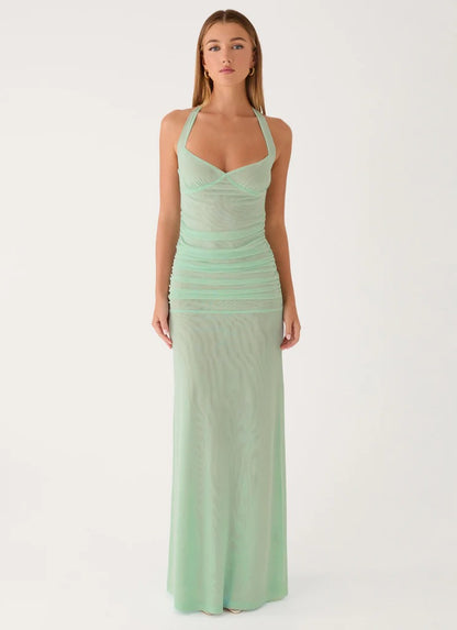 Prom Dress Mint Green Halter Neck Maxi Dress With Ruched Mesh Bodice Open Back Floor Length Formal Evening Party Gown