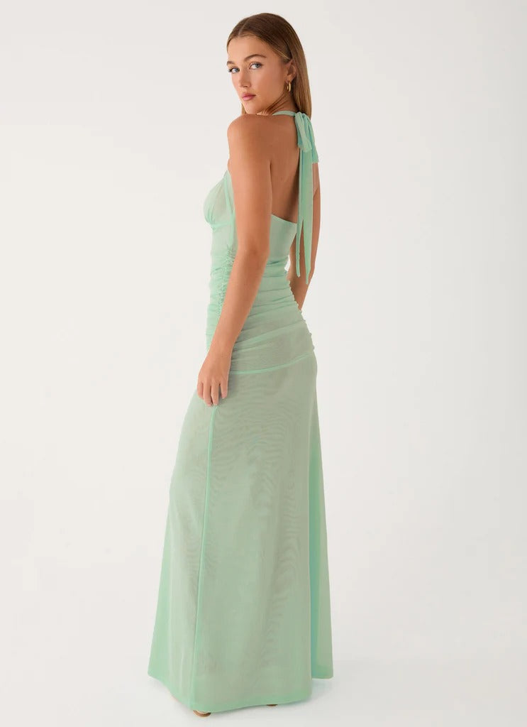 Prom Dress Mint Green Halter Neck Maxi Dress With Ruched Mesh Bodice Open Back Floor Length Formal Evening Party Gown