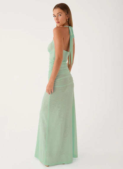 Prom Dress Mint Green Halter Neck Maxi Dress With Ruched Mesh Bodice Open Back Floor Length Formal Evening Party Gown