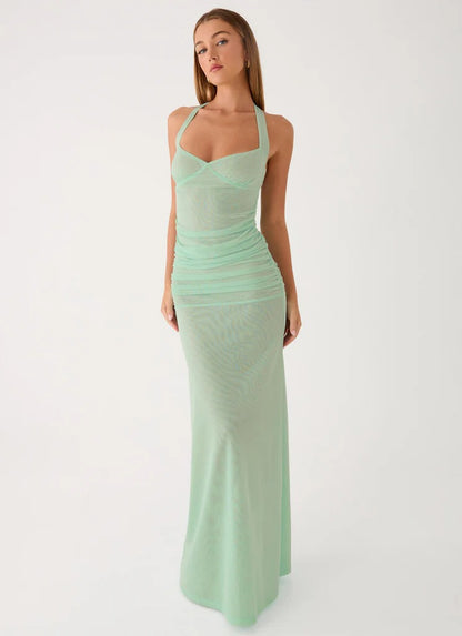 Prom Dress Mint Green Halter Neck Maxi Dress With Ruched Mesh Bodice Open Back Floor Length Formal Evening Party Gown
