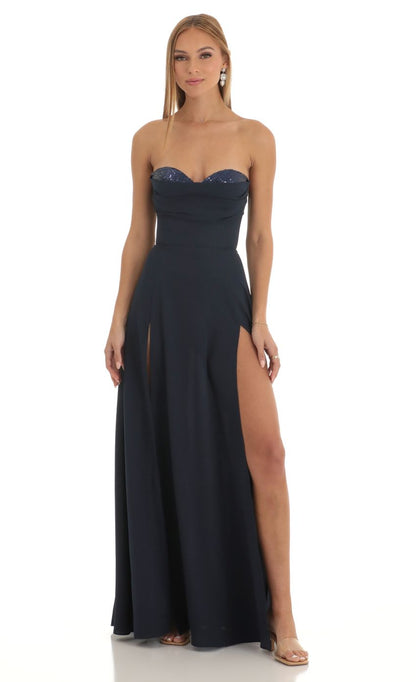 Prom Dress Navy Blue Strapless Maxi Dress With Sequin Sweetheart Neckline Lace Up Back High Slit Formal Evening Party Gown