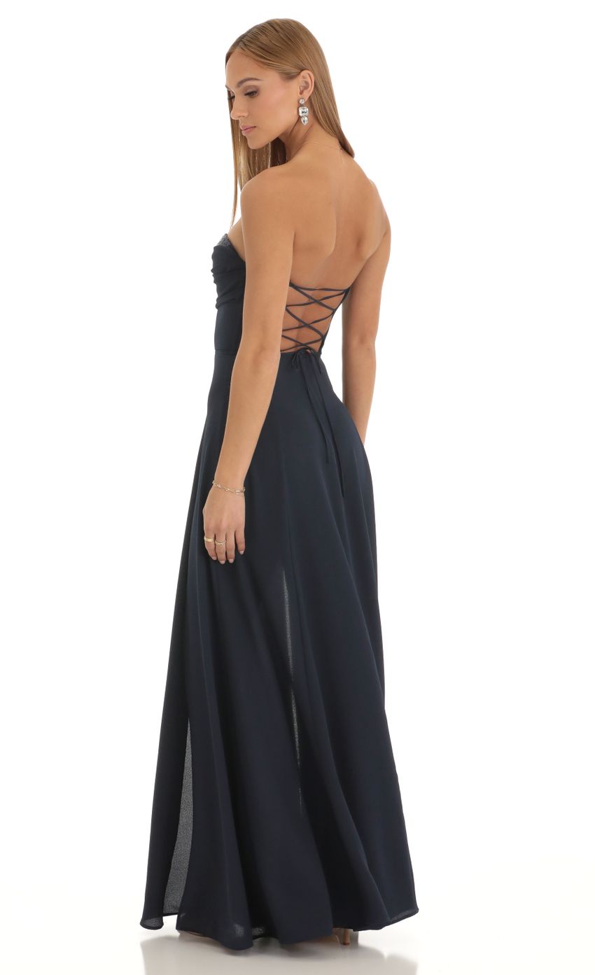Prom Dress Navy Blue Strapless Maxi Dress With Sequin Sweetheart Neckline Lace Up Back High Slit Formal Evening Party Gown