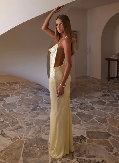 Prom Dress Pale Yellow Sequin Mermaid Maxi Dress With Cowl Neckline T Back Chiffon Overlay Formal Evening Party Gown