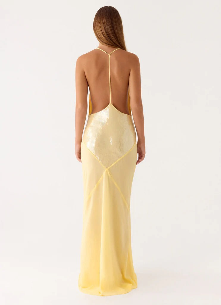 Prom Dress Pale Yellow Sequin Mermaid Maxi Dress With Cowl Neckline T Back Chiffon Overlay Formal Evening Party Gown