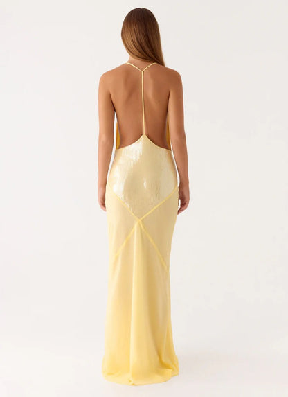 Prom Dress Pale Yellow Sequin Mermaid Maxi Dress With Cowl Neckline T Back Chiffon Overlay Formal Evening Party Gown