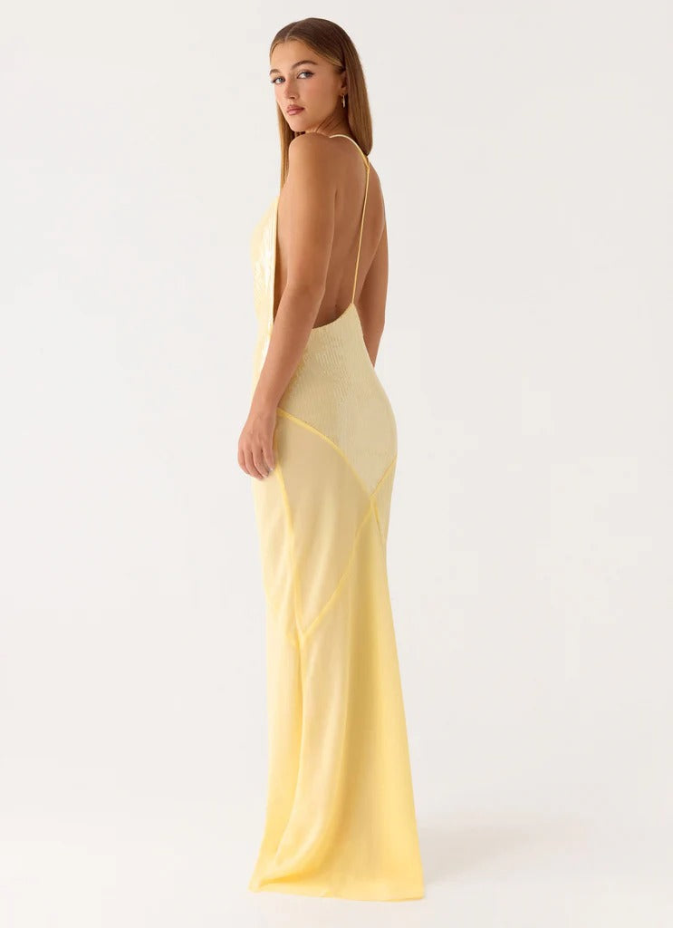 Prom Dress Pale Yellow Sequin Mermaid Maxi Dress With Cowl Neckline T Back Chiffon Overlay Formal Evening Party Gown