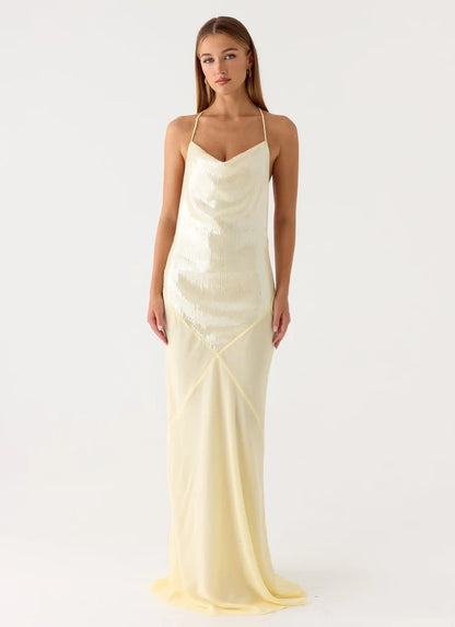 Prom Dress Pale Yellow Sequin Mermaid Maxi Dress With Cowl Neckline T Back Chiffon Overlay Formal Evening Party Gown