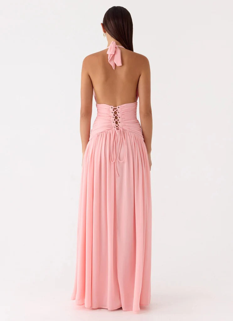 Prom Dress Pink Halter Neck Maxi Dress With Deep V Neck Lace Up Back Ruched Waist Flowy Skirt Formal Evening Party Gown