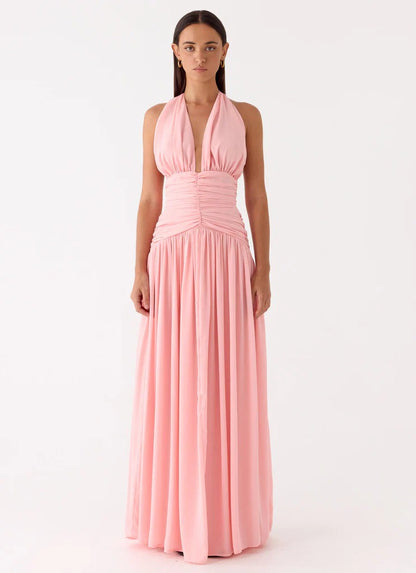 Prom Dress Pink Halter Neck Maxi Dress With Deep V Neck Lace Up Back Ruched Waist Flowy Skirt Formal Evening Party Gown